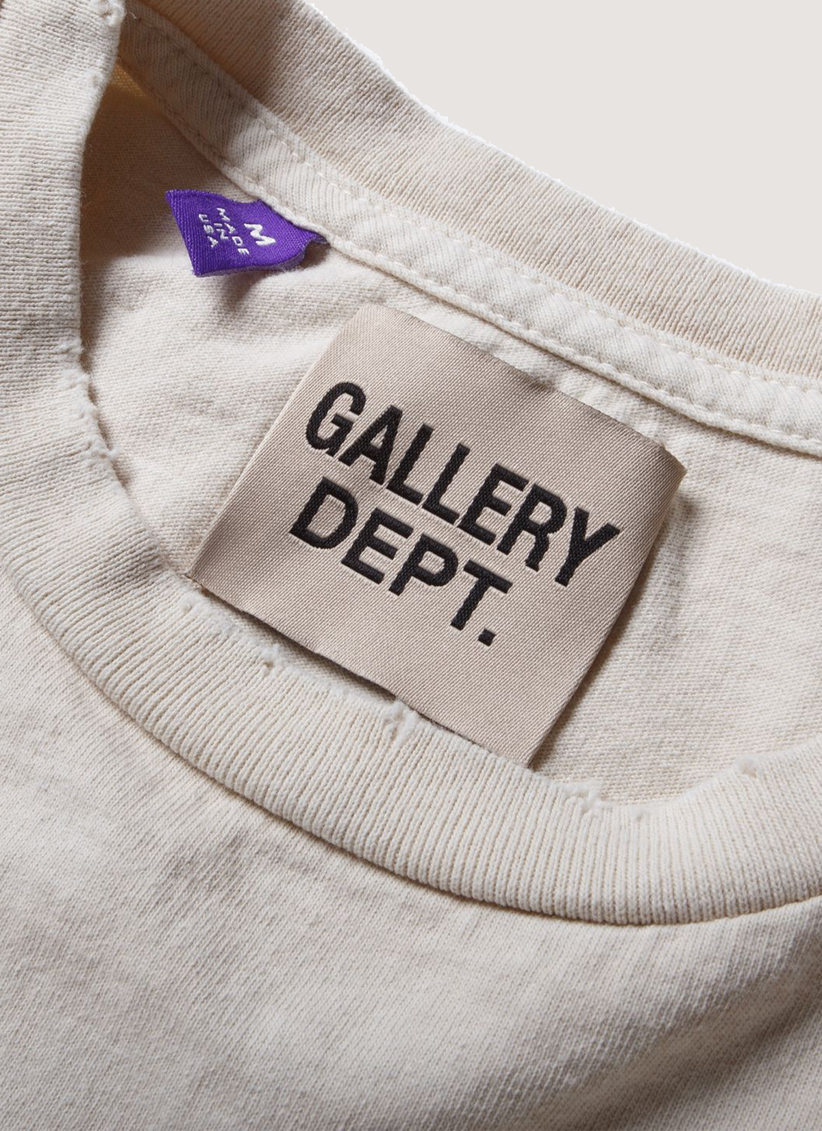 Gallery Dept. Protect Your Neck Tee Vintage White up close view of neck and tag