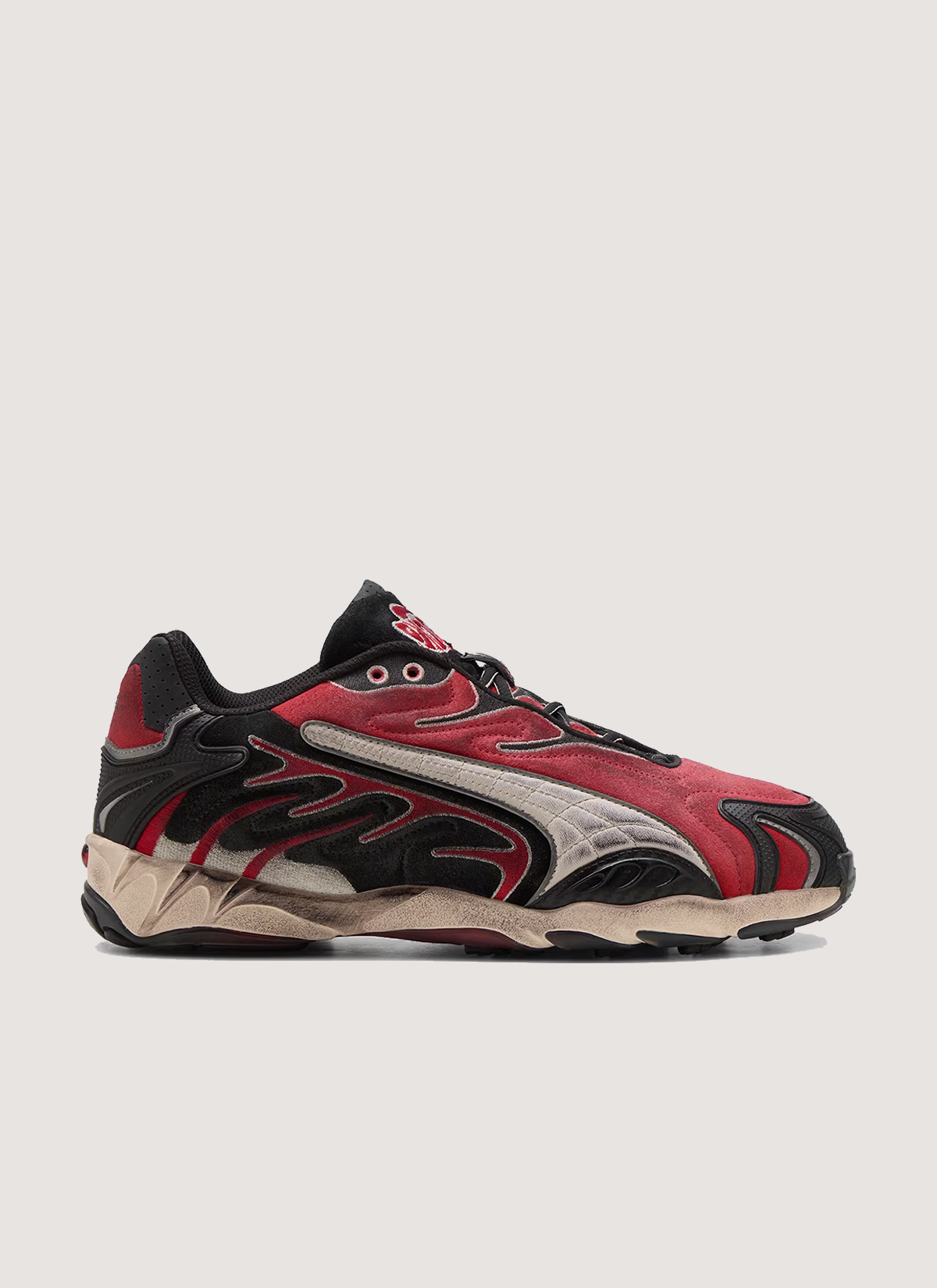 Puma A$AP Rocky Inhale Distressed Red shoe side view Puma A$AP Rocky Inhale Distressed Red - Image 1 | Authenticated at Pieces Los Angeles