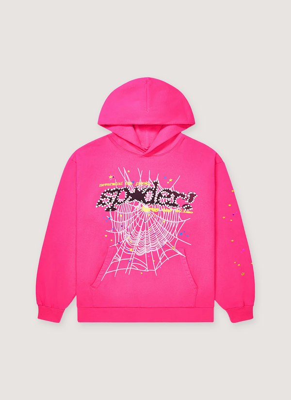 Sp5der Worldwide Punk V2 Sweatshirt Magenta Pink hoodie with black text  on a white spiderweb and little yellow stars, front view Punk V2 Sweatshirt Magenta - Authenticated Sweatshirts | Pieces Los Angeles