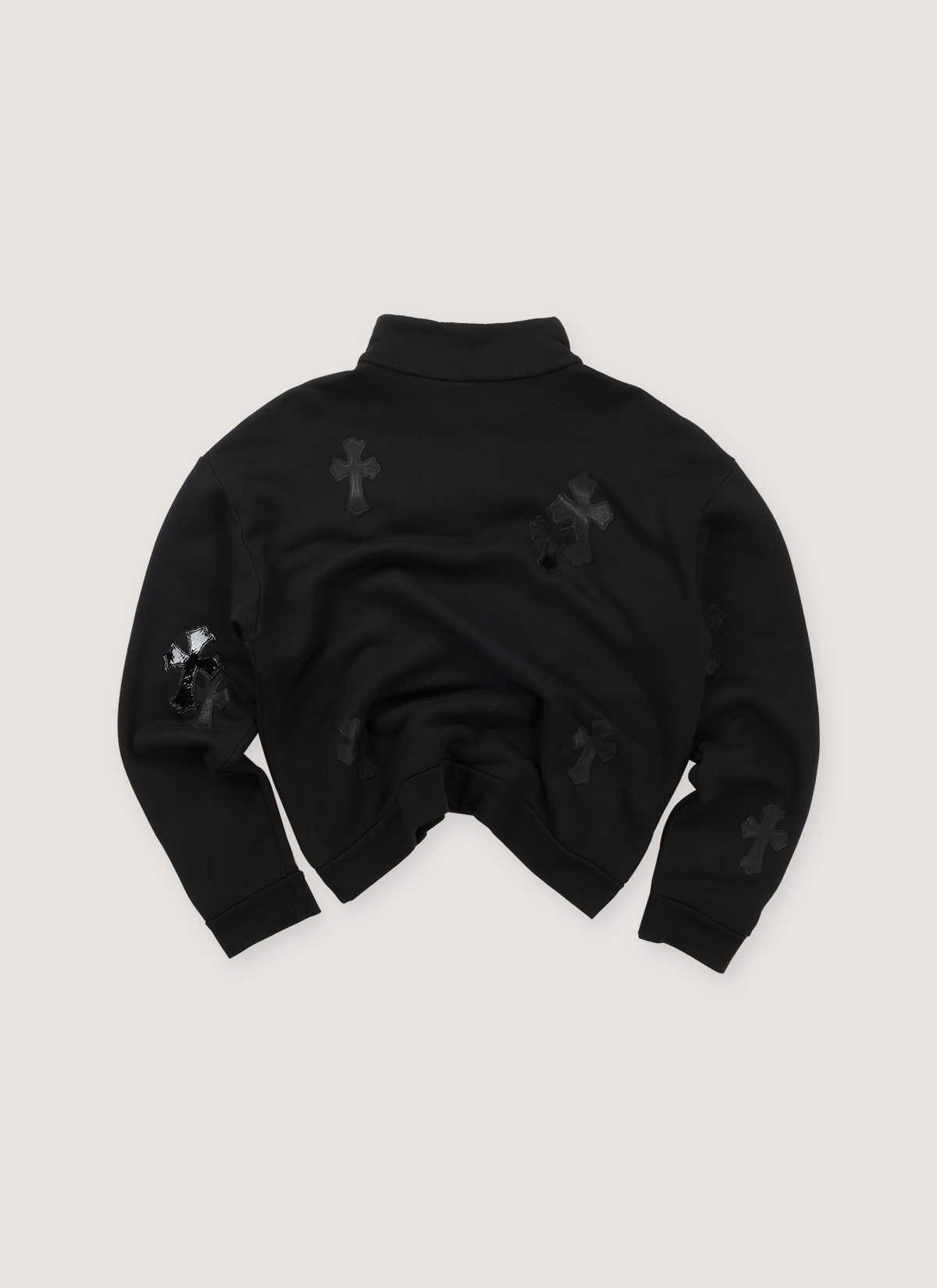 Chrome Hearts Cross Patch Quarter Zip Black (Pre-Owned), geniune lamb and calf leather cross patches, ribbed cuff and hem, back view Chrome Hearts Cross Patch Quarter Zip Black (Pre-Owned) - Image 2 | Authenticated at Pieces Los Angeles