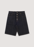 Neaux Doubt V2 Raw Selvedge Japanese Denim Shorts Black with exposed button fly with custom buttons, carabiner hardware, 5 pocket construction, thin belt loop, loose fit, front view Neaux Doubt V2 Raw Selvedge Japanese Denim Shorts Black - Image 1 | Authenticated at Pieces Los Angeles