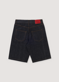 Neaux Doubt V2 Raw Selvedge Japanese Denim Shorts Black with exposed button fly with custom buttons, carabiner hardware, 5 pocket construction, thin belt loop, loose fit, back view Neaux Doubt V2 Raw Selvedge Japanese Denim Shorts Black - Image 2 | Authenticated at Pieces Los Angeles