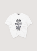 Raf Simmons Ready and Willing Tee Shirt White (Pre-Owned) with cotton-EA blend, printed text, thin ribbed neck, front view Raf Simons Ready and Willing Tee White (Pre-Owned) - Image 1 | Authenticated at Pieces Los Angeles