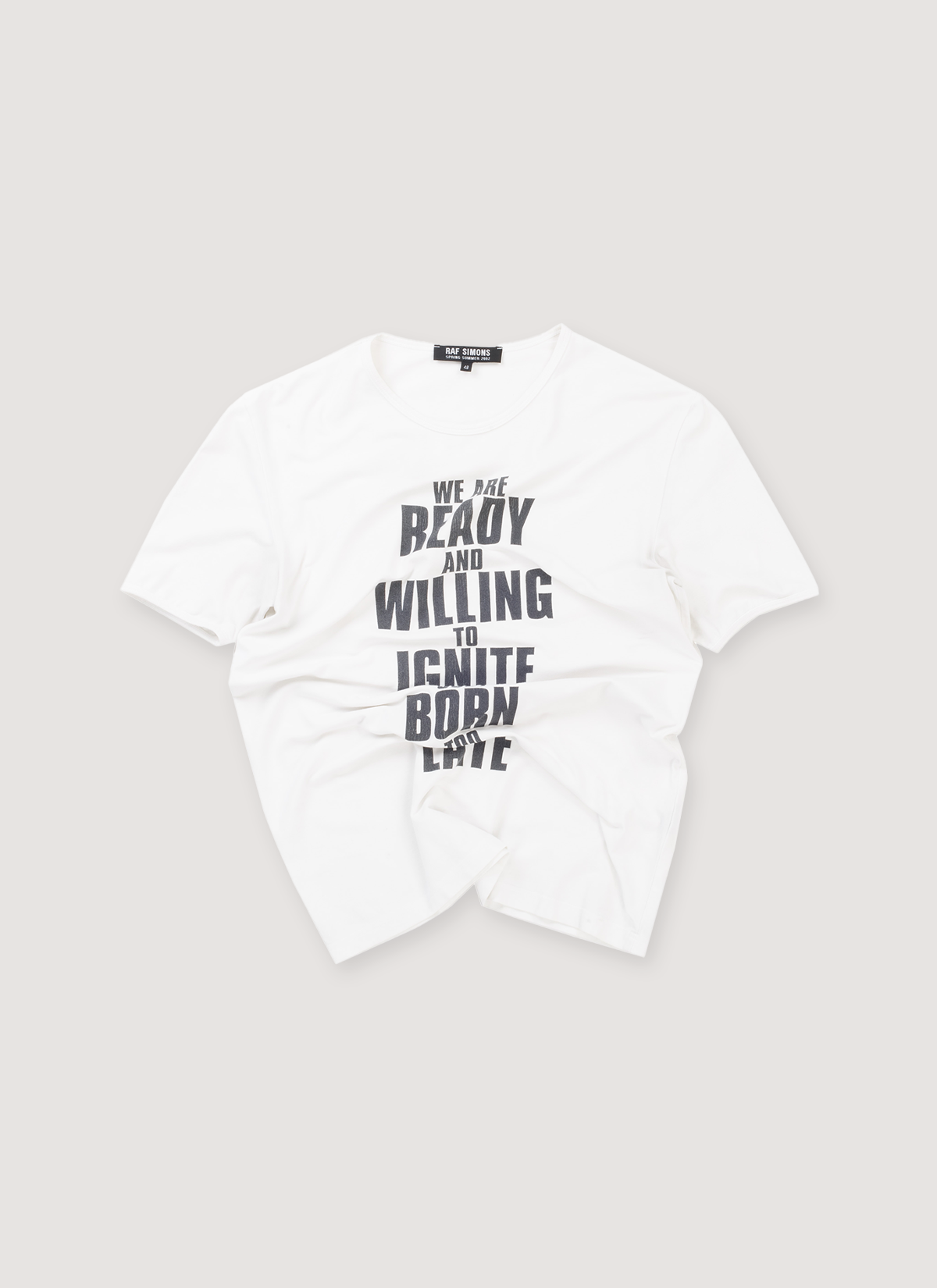 Raf Simmons Ready and Willing Tee Shirt White (Pre-Owned) with cotton-EA blend, printed text, thin ribbed neck, front view