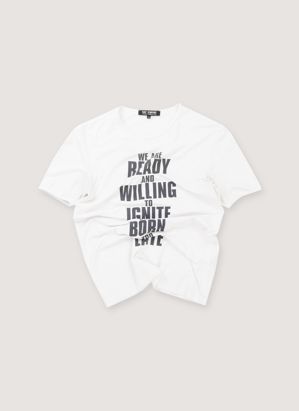 Raf Simmons Ready and Willing Tee Shirt White (Pre-Owned) with cotton-EA blend, printed text, thin ribbed neck, front view Ready and Willing Tee White (Pre-Owned) - Authenticated T-shirts | Pieces Los Angeles
