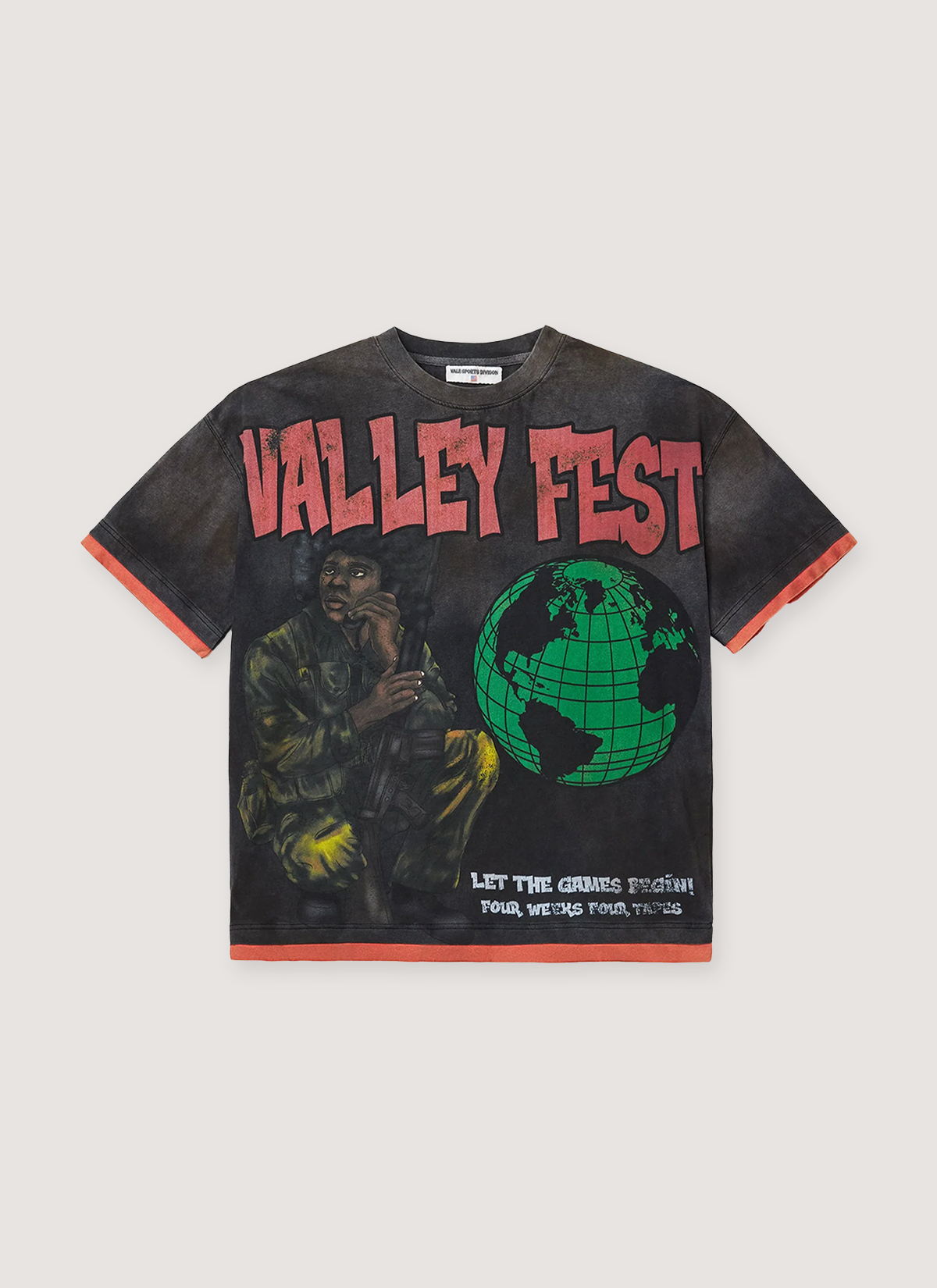 Vale Forever Recon Tee Shirt Vintage Black Red with DTG print of a green globe and a soldier, cut and sew boxy fit, vintage wash effect, red contrast hem and rib, front view