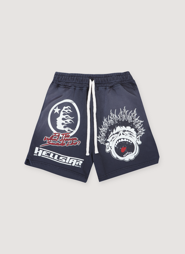 Hellstar Records Sweatshorts Vintage Black with logos and screaming face graphic and white drawstrings, front view Records Sweatshorts Vintage Black - Authenticated Shorts | Pieces Los Angeles