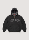 Supreme Reflective Arc Hooded Work Jacket Black with hood, 3M thinsulated insulation, quilted cotton flannel lining, full zip closure, pouch pocket, lower front and interior chest pocket, knit rib cuffs and hem, 3M reflective canvas logo applique, front view Supreme Reflective Arc Hooded Work Jacket - Image 2 | Authenticated at Pieces Los Angeles