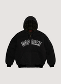 Supreme Reflective Arc Hooded Work Jacket Black with hood, 3M thinsulated insulation, quilted cotton flannel lining, full zip closure, pouch pocket, lower front and interior chest pocket, knit rib cuffs and hem, 3M reflective canvas logo applique, front view Supreme Reflective Arc Hooded Work Jacket - Image 4 | Authenticated at Pieces Los Angeles