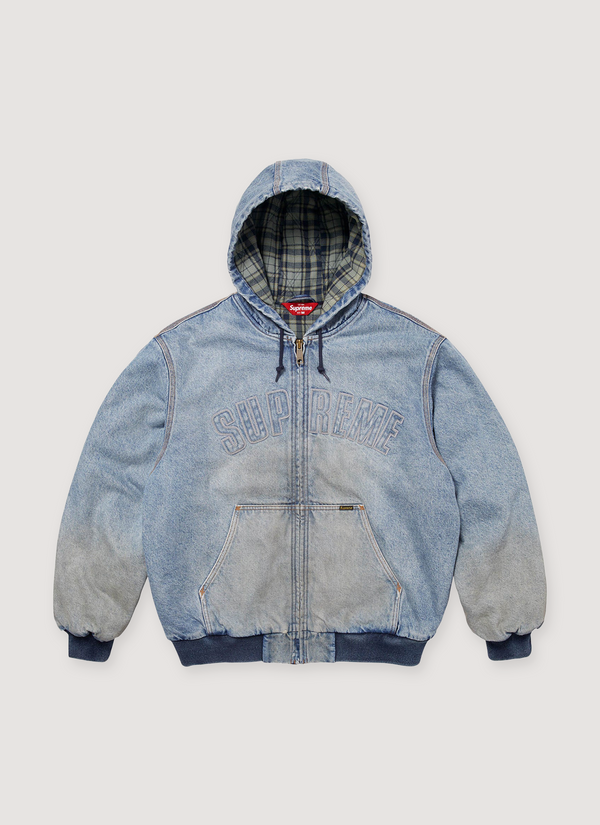 Supreme Reflective Arc Hooded Work Jacket Blue with hood, 3M thinsulated insulation, quilted cotton flannel lining, full zip closure, pouch pocket, lower front and interior chest pocket, knit rib cuffs and hem, 3M reflective canvas logo applique, front view Reflective Arc Hooded Work Jacket - Authenticated Jackets | Pieces Los Angeles