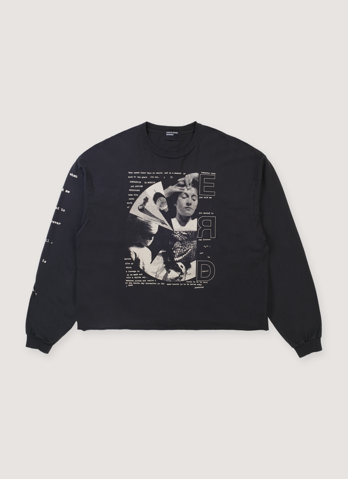 Enfants Riches Déprimés Remember When Longsleeve Faded Black with graphic of a lady on the front, and text on the sleeve, front view Enfants Riches Déprimés Remember When Longsleeve Faded Black - Image 1 | Authenticated at Pieces Los Angeles