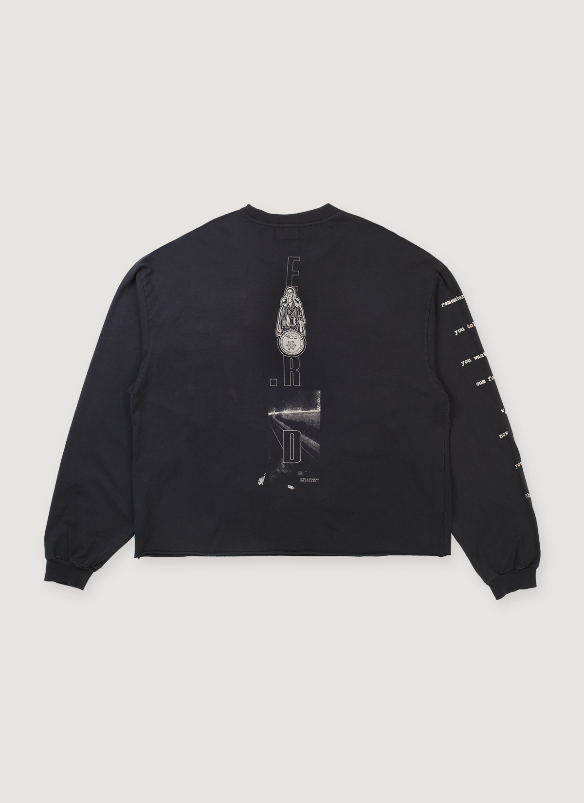 Enfants Riches Déprimés Remember When Longsleeve Faded Black with the letters ERD going down with some icons, text on the sleeve, back view Enfants Riches Déprimés Remember When Longsleeve Faded Black - Image 2 | Authenticated at Pieces Los Angeles