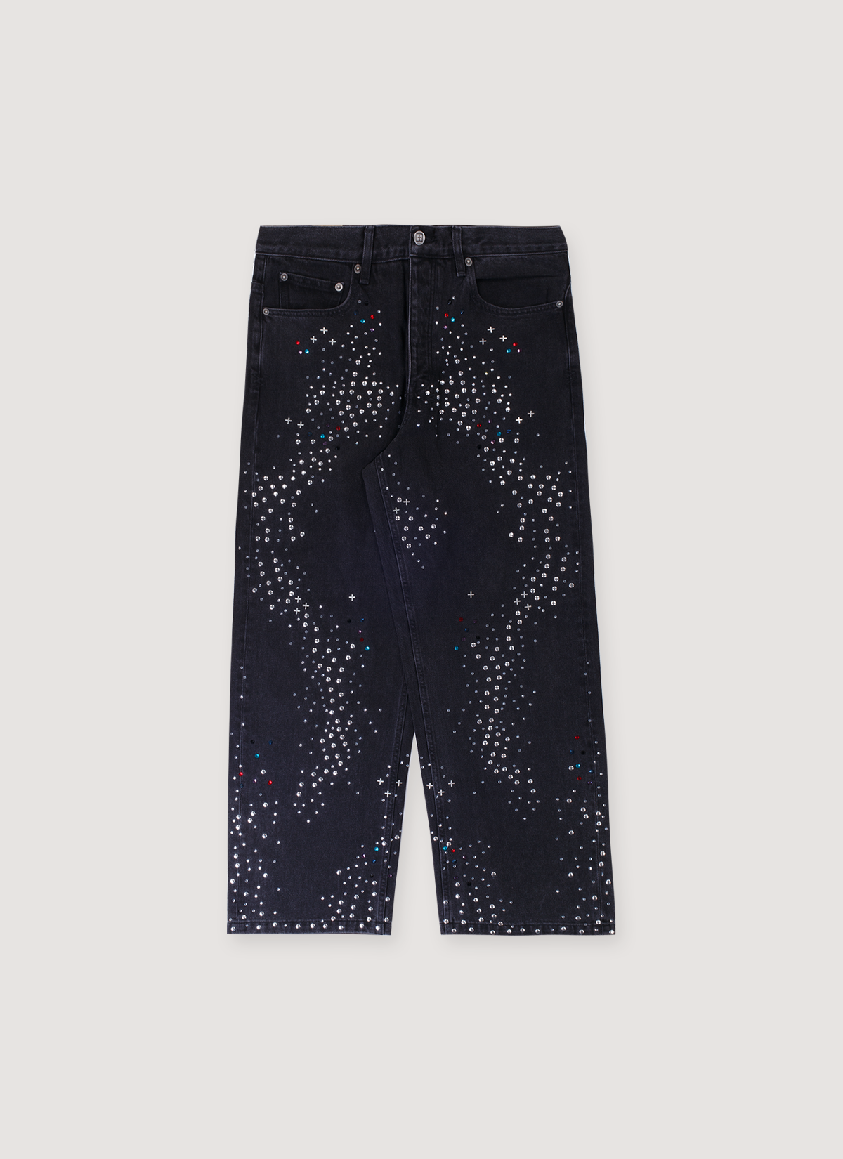 Ksubi Maxx Renaissance Denim Black Jeans stone wash, metal and jewel rhinestone detail embelishments, T box, front view Ksubi Maxx Renaissance Denim Black - Image 1 | Authenticated at Pieces Los Angeles
