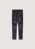 Ksubi Van Winkle Retorqued Repair Denim Charcoal Black with tears and repairs front view Ksubi Van Winkle Retorqued Repair Denim Charcoal - Image 1 | Authenticated at Pieces Los Angeles
