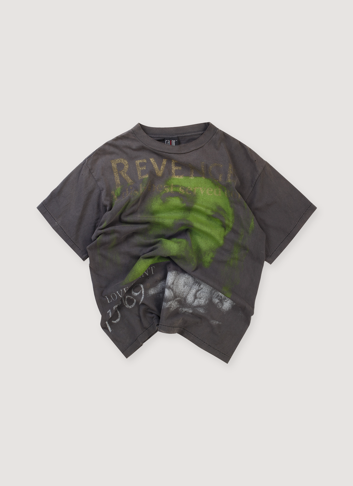 Saint Michael BerBerJin Revenge Tee Shirt Vintage Black (Pre-Owned) vintag ewshed with printed logos, glitter decal text, distressed detailings, front view