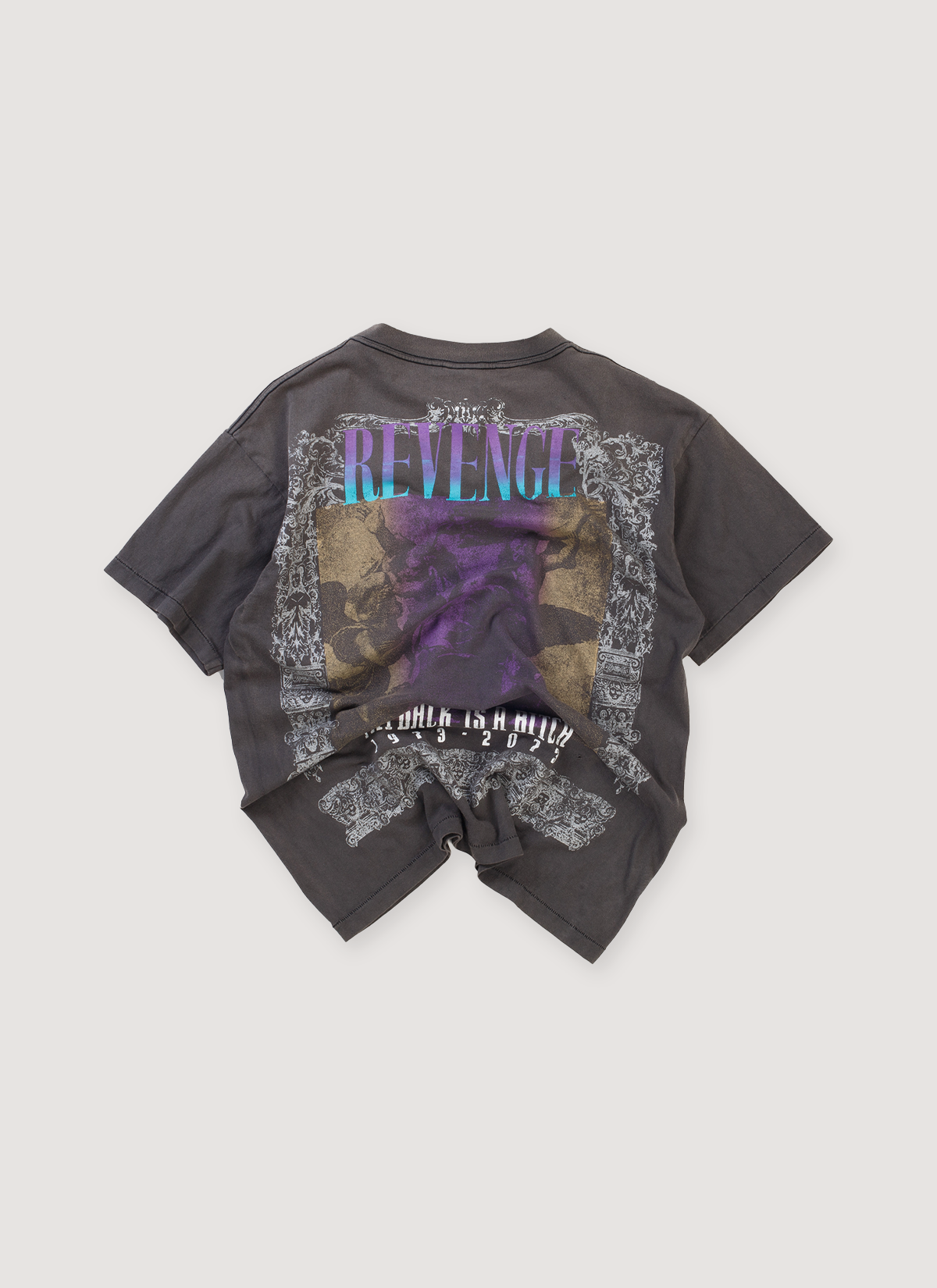 Saint Michael BerBerJin Revenge Tee Shirt Vintage Black (Pre-Owned) vintag ewshed with printed logos, glitter decal text, distressed detailings, back view