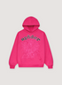 Sp5der Worldwide Rhinestone Legacy Sweatshirt Pink Black hoodie with spider web and black text, front view
