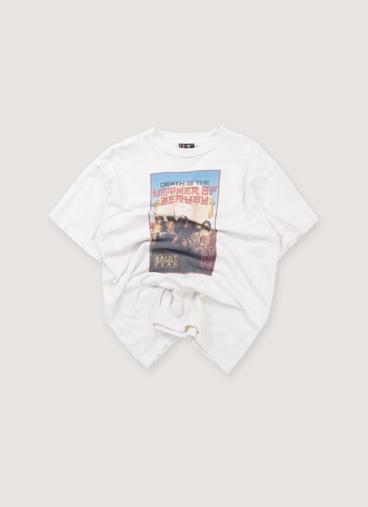 Saint Michael RK Without Fear Tee Shirt Vintage White (Pre-Owned) with vintage wash, printed and faded logos, distressed detailings, and front graphic that says 'Death is the Mother of Beauty' and has a bunch of philosopher men, front view