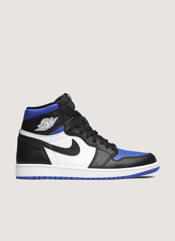 Jordan Retro 1 High OG Royal Toe (2020) black white and blue side profile Retro 1 High OG Royal Toe (2020) - Authenticated Sneakers | Pieces Los Angeles