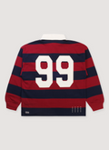 Ksubi Rugged Rugby Jersey Fire Fade longsleeve with red and black stripes, quarter button rugby collar, rats tail detail, and T box branding, with crosses on bottom right corner, back view Ksubi Rugged Rugby Jersey Fire Fade - Image 2 | Authenticated at Pieces Los Angeles