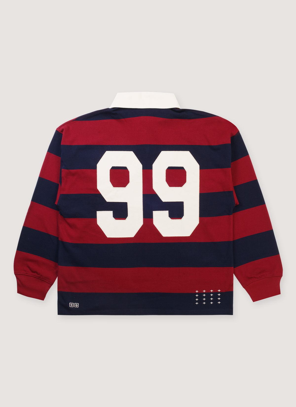 Ksubi Rugged Rugby Jersey Fire Fade longsleeve with red and black stripes, quarter button rugby collar, rats tail detail, and T box branding, with crosses on bottom right corner, back view Ksubi Rugged Rugby Jersey Fire Fade - Image 2 | Authenticated at Pieces Los Angeles