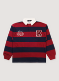 Ksubi Rugged Rugby Jersey Fire Fade longsleeve with red and black stripes, quarter button rugby collar, rats tail detail, and T box branding, front view Ksubi Rugged Rugby Jersey Fire Fade - Image 1 | Authenticated at Pieces Los Angeles