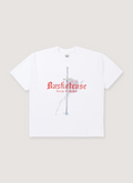 Basketcase Gallery Rush Tee Shirt White with 330 gsm 9.5 oz cotton, printed logos, front view Basketcase Gallery Rush Tee White - Image 1 | Authenticated at Pieces Los Angeles