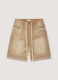 Vale Forever Sand Storm Jorts Tan Denim Shorts with rhinestone details, peart details, ligh distressing, drawstring waist, front view Vale Forever Sandstorm Jorts Tan - Image 1 | Authenticated at Pieces Los Angeles