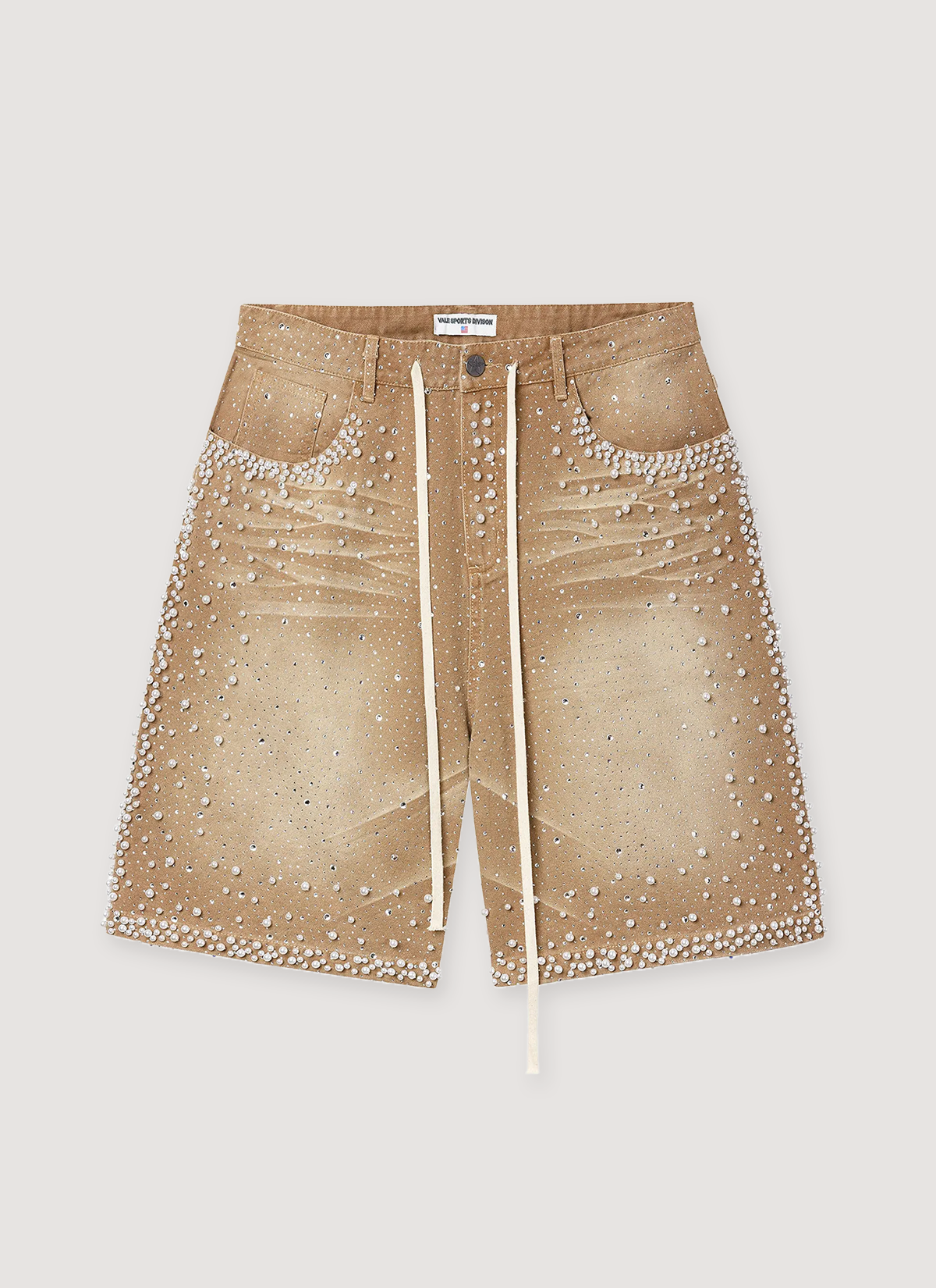 Vale Forever Sand Storm Jorts Tan Denim Shorts with rhinestone details, peart details, ligh distressing, drawstring waist, front view