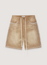 Vale Forever Sand Storm Jorts Tan Denim Shorts with rhinestone details, peart details, ligh distressing, drawstring waist, front view