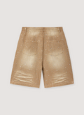 Vale Forever Sand Storm Jorts Tan Denim Jean Shorts with rhinestone details, peart details, ligh distressing, back view Vale Forever Sandstorm Jorts Tan - Image 2 | Authenticated at Pieces Los Angeles