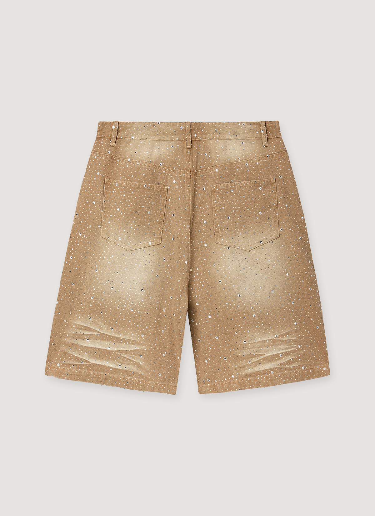 Vale Forever Sand Storm Jorts Tan Denim Jean Shorts with rhinestone details, peart details, ligh distressing, back view