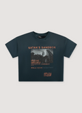 Paly Hollywood Satan's Sandbox Tee shirt Vintage Black distressed with orange text and a faded black and white graphic, front view Paly Hollywood Satan's Sandbox Tee Vintage Black - Image 1 | Authenticated at Pieces Los Angeles