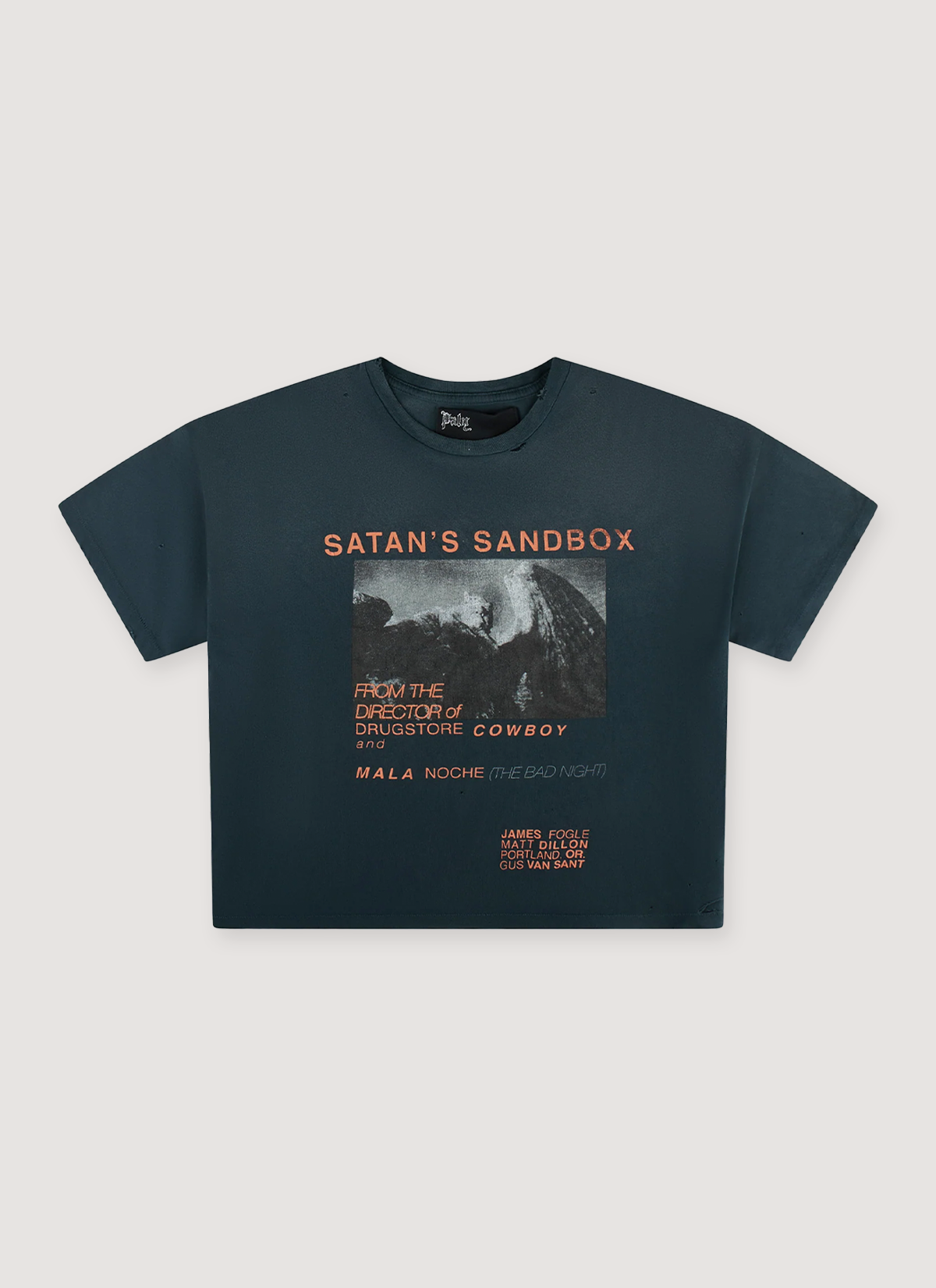 Paly Hollywood Satan's Sandbox Tee shirt Vintage Black distressed with orange text and a faded black and white graphic, front view Paly Hollywood Satan's Sandbox Tee Vintage Black - Image 1 | Authenticated at Pieces Los Angeles