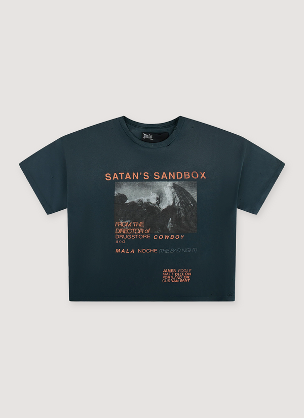 Paly Hollywood Satan's Sandbox Tee shirt Vintage Black distressed with orange text and a faded black and white graphic, front view Satan's Sandbox Tee Vintage Black - Authenticated T-shirts | Pieces Los Angeles