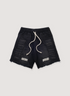 Amiri Satoshi Nakamoto Moto Cotton Denim Shorts Washed Black (Pre-Owned) with 3D moto pads, elasticated waist, puff printed logos, raw edge hem, front view
