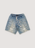 Amiri Satoshi Nakamoto Moto Shorts Indigo Blue Cotton Denim (Pre-Owned) with 3D moto pads, elasticated waist, puff printed logos, raw edge hem, front view