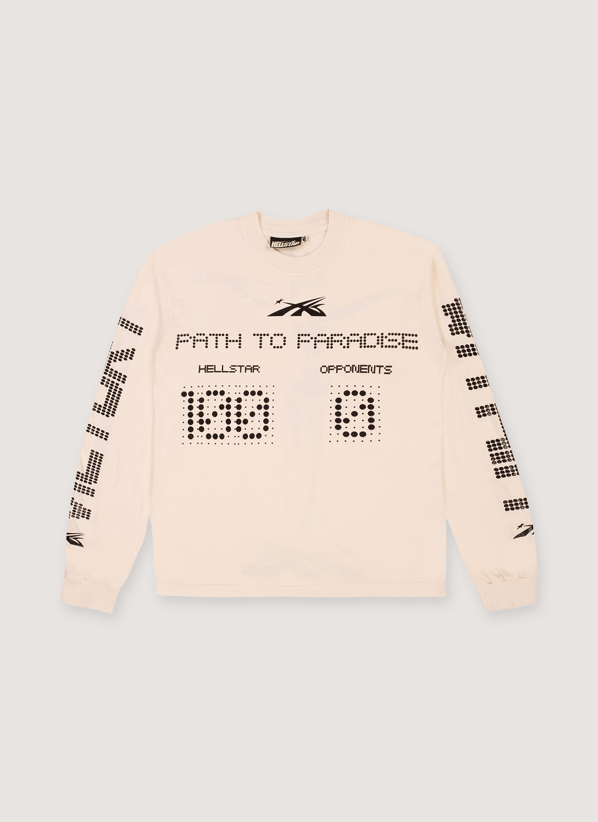 Hellstar Scoreboard Longsleeve Off White thermal cream with text on the sleeves and a black scoreboard in the middle, front view Hellstar Scoreboard Longsleeve Off White - Image 1 | Authenticated at Pieces Los Angeles