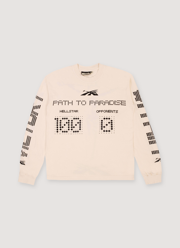 Hellstar Scoreboard Longsleeve Off White thermal cream with text on the sleeves and a black scoreboard in the middle, front view Scoreboard Longsleeve Off White - Authenticated Longsleeves | Pieces Los Angeles