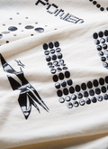 Hellstar Scoreboard Longsleeve Off White thermal cream with text on the sleeves and a black scoreboard in the middle, close up view of front graphics Hellstar Scoreboard Longsleeve Off White - Image 3 | Authenticated at Pieces Los Angeles