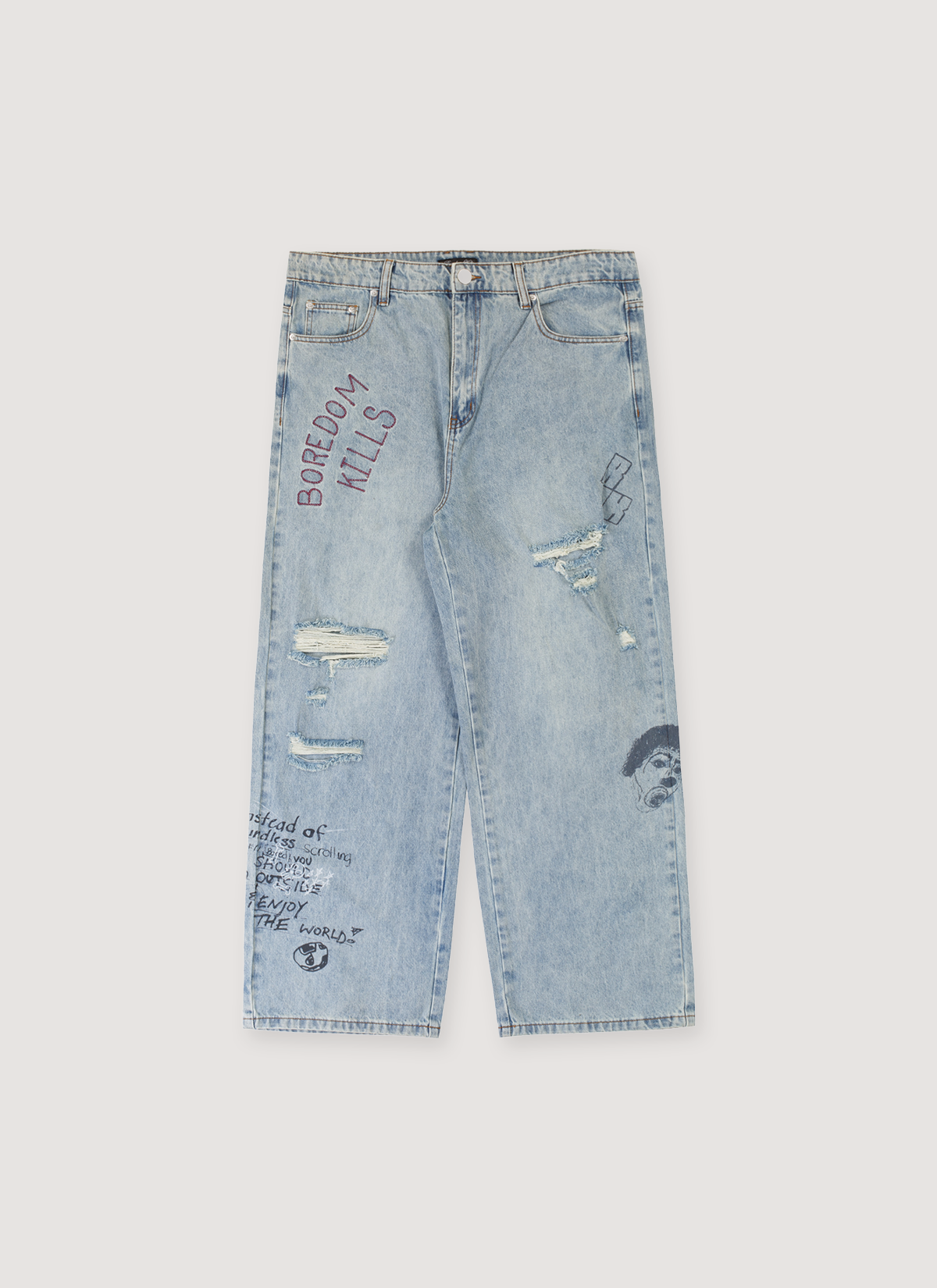 Boredom Kills Scribble Denim Jeans Indigo Blue with diestressings, tears, and and text all over, front view Boredom Kills Scribble Denim Indigo - Image 1 | Authenticated at Pieces Los Angeles