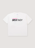 Rhude Sex-tasy Tee Shirt White with rib knit crewneck, printed text logo that says Sex-Tasy, dropped shoulder, front view Rhude Sex-tasy Tee White - Image 1 | Authenticated at Pieces Los Angeles
