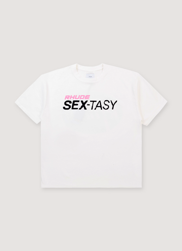 Rhude Sex-tasy Tee Shirt White with rib knit crewneck, printed text logo that says Sex-Tasy, dropped shoulder, front view Sex-tasy Tee White - Authenticated T-shirts | Pieces Los Angeles