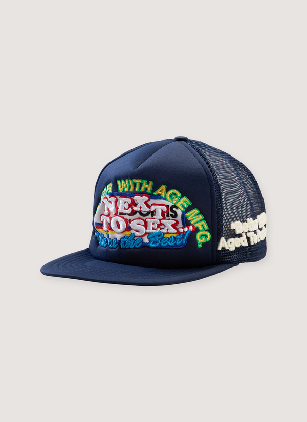Better With Age Next To Sex Trucker Hat Navy mesh snapback with embroidered colorful logos all over, front view Next To Sex Trucker Hat Navy - Authenticated Hats | Pieces Los Angeles
