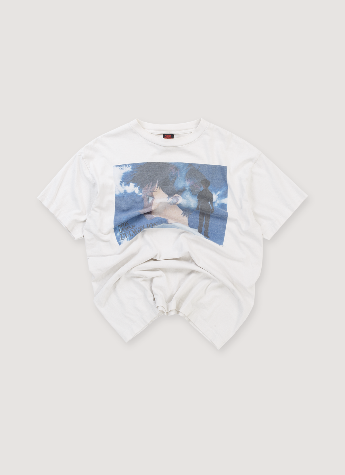 Saint Michael Evangelion Shinji Tee Shirt Vintage White (Pre-Owned), vintage wash, printed and faded logos, distressed detailings, front view