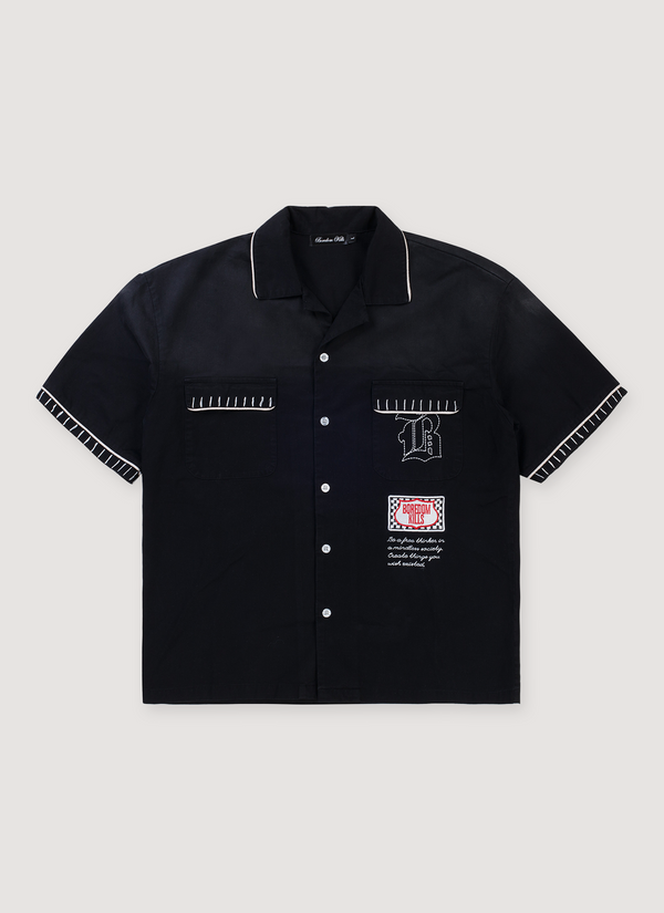 Boredom Kills BK Cuban collared Shirt Black with patches and white hems front view BK Cuban Shirt Black - Authenticated Shirts | Pieces Los Angeles