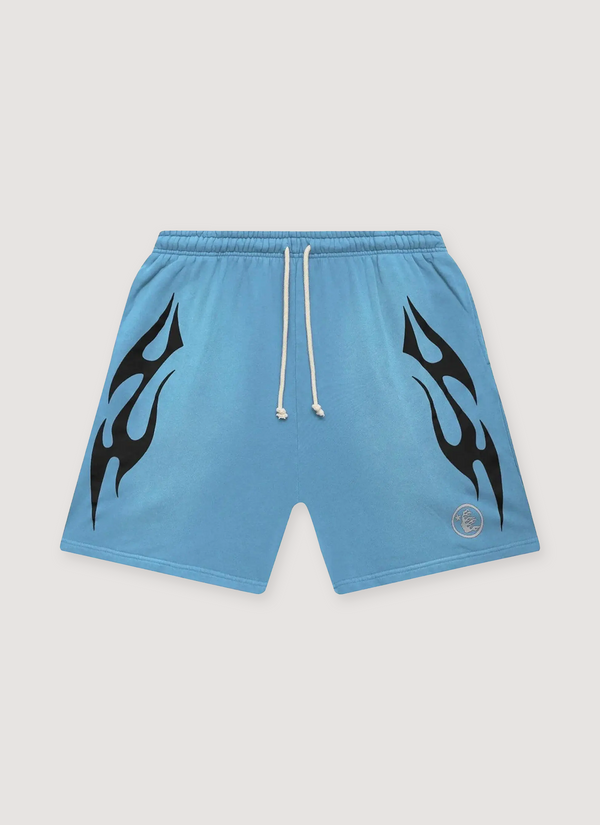 Hellstar Flame Shorts Baby Blue Black with custom milled fleece, elasticized waist, adjustable drawstring, potassium sprayed, printed flame graphics, front view Flame Shorts Baby Blue Black - Authenticated Shorts | Pieces Los Angeles