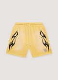 Hellstar Flame Shorts Yellow Black with custom milled fleece, elasticized waist, adjustable drawstring, potassium sprayed, printed flame graphics, front view Hellstar Flame Shorts Yellow - Image 1 | Authenticated at Pieces Los Angeles