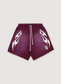 Hellstar Flame Shorts Burgundy White with custom milled fleece, elasticized waist, adjustable drawstring, potassium sprayed, printed flame graphics, front view Hellstar Flame Shorts Burgundy White - Image 1 | Authenticated at Pieces Los Angeles