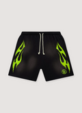 Hellstar Flame Shorts Black Green with custom milled fleece, elasticized waist, adjustable drawstring, potassium sprayed, printed flame graphics, front view Hellstar Flame Shorts Black Green - Image 1 | Authenticated at Pieces Los Angeles